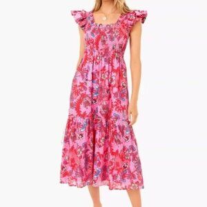 Tuckernuck Bougainvillea Breeze Mallie Pink Floral Tiered Midi Dress (M)